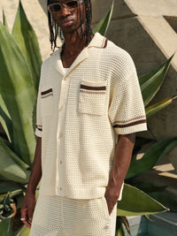 THE COUTURE CLUB SHIRT CROCHET KNITTED STRIPE BUTTON THROUGHT SHIRT OFF WHITE